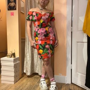 Vintage 80s tulip off the shoulder sheath midi dress